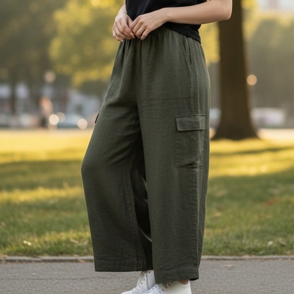 Jessica Simpson Olive Green Linen Blend Wide Leg Cargo Pants Size M